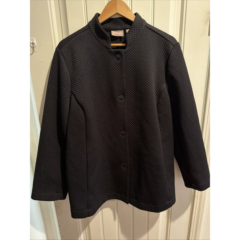 Chico's Women's Black Solid Quilted Button-Front Collared Jacket Pockets 3